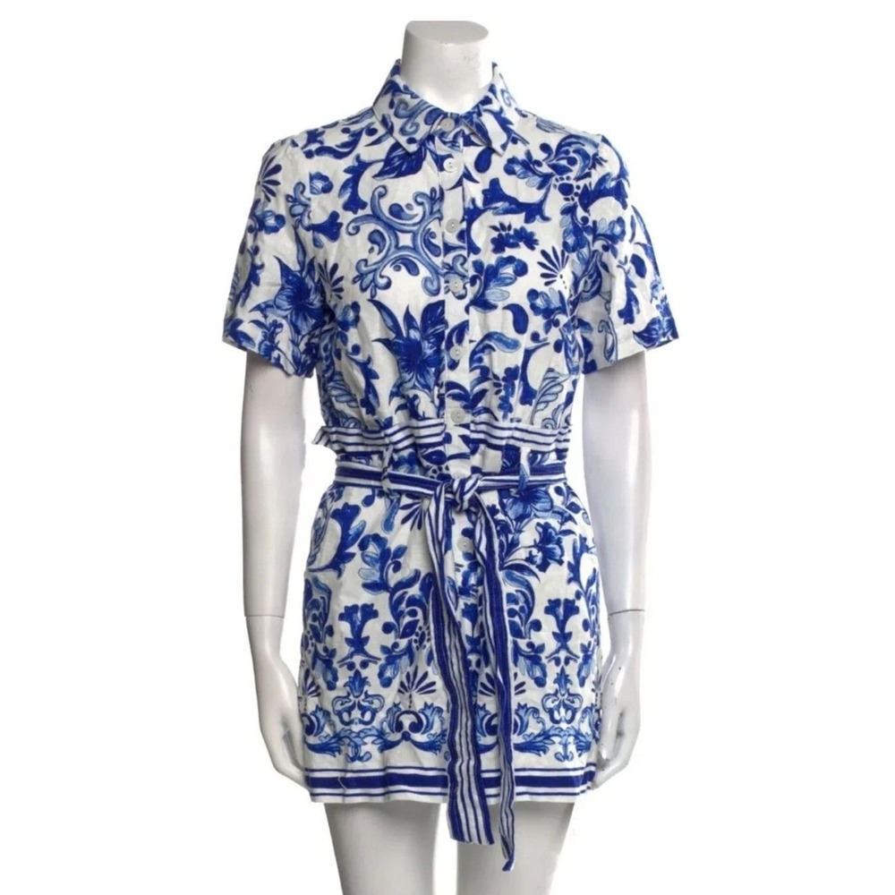 CAROLINE CONSTAS Mediterranean Print Linen Blend Romper No Size Tag